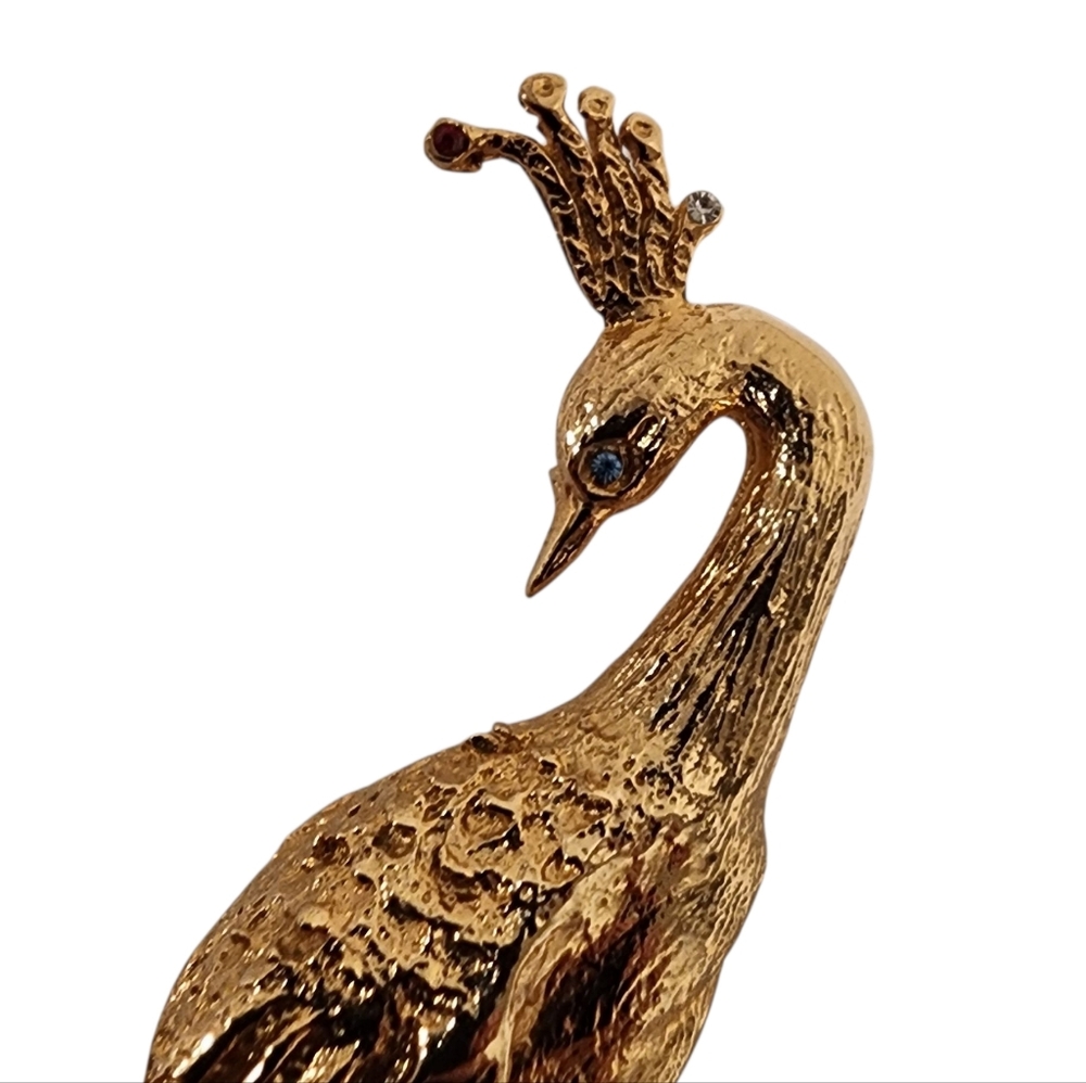 Vintage Oleg Cassini 1964 brooch peacock rhinestones and faux pearl gold  A0033 - Picture 6 of 16